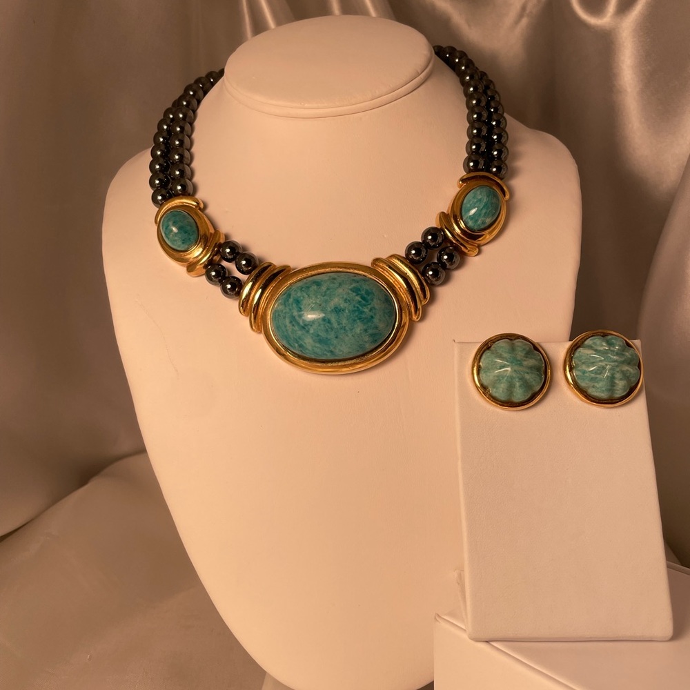 Francesca Romana-rare signed genuine amazonite and hematite set